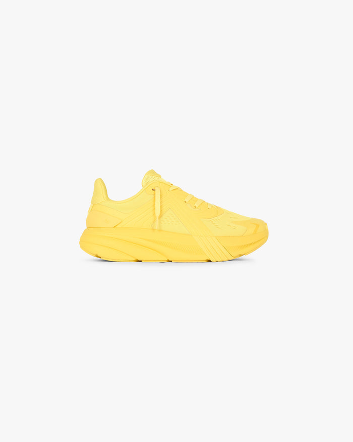 Front product image of mens yellow runner sneakers on a plain white background | 247 Arc-1 Runner in Yellow | Contemporary sneaker design with suede and tonal embroidery | 247 Footwear | Represent Clo