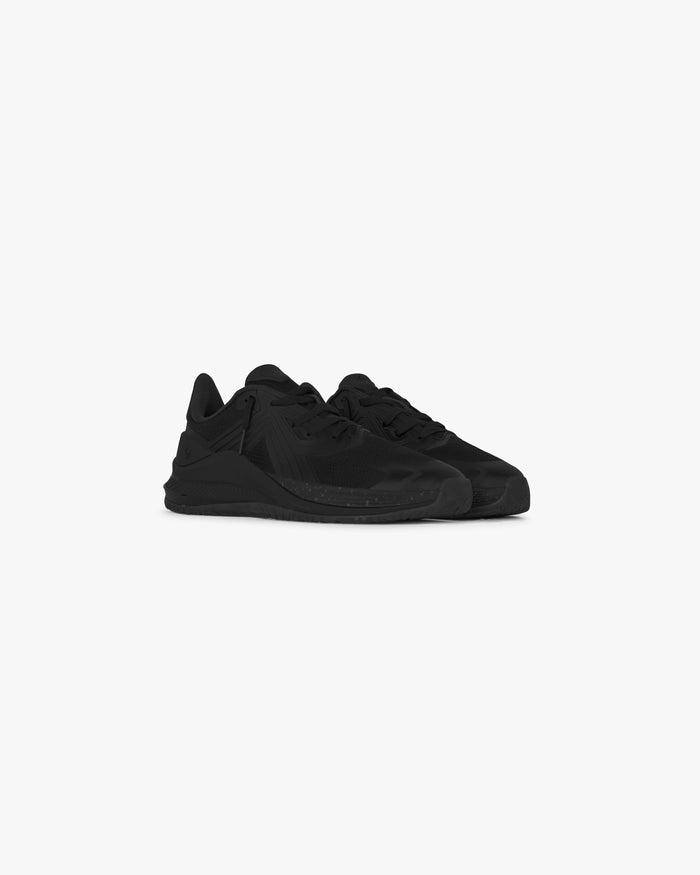 Black trainer shoe on a plain white background | 247 Arc-2 Trainer in Black | Trainer with engineered knitted upper and TPU overlays | 247 Footwear | Represent Clo