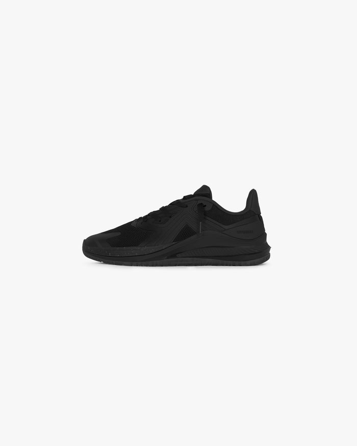 Side product image of a mens black trainer on a plain white background | 247 Arc 2 Trainer in Black | Trainer with knitted upper and TPU overlays for midfoot support | 247 Footwear | Represent Clo