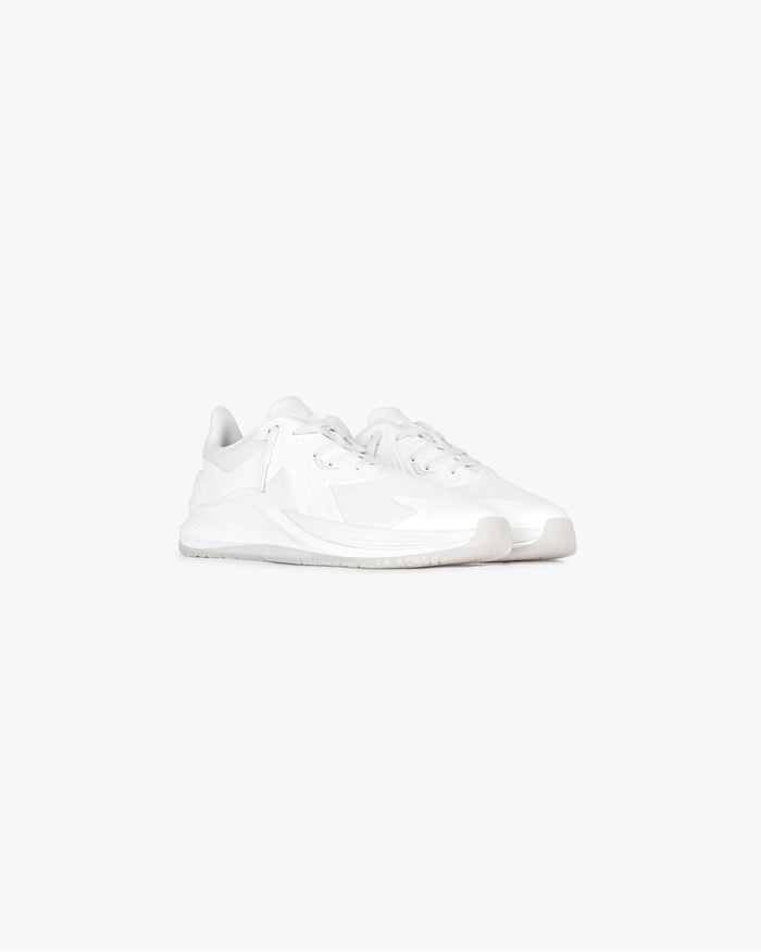 Product image of a mens white trainer on a plain white background | 247 Arc-2 Trainer in Flat White | Trainer with knitted upper and TPU overlays | 247 Footwear | Represent Clo