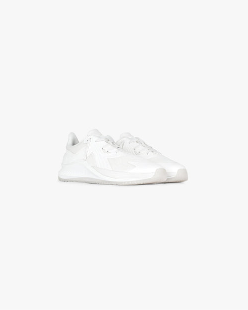 Product image of a mens white trainer on a plain white background | 247 Arc-2 Trainer in Flat White | Trainer with knitted upper and TPU overlays | 247 Footwear | Represent Clo