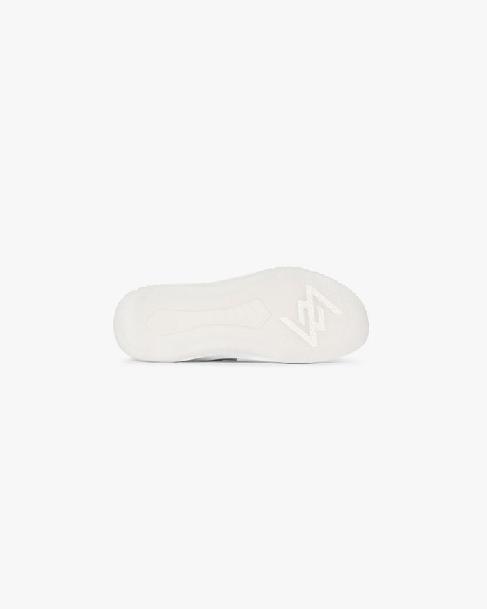 Back product image of a mens white trainer on a plain white background | 247 Arc-2 Trainer in Flat White | Trainer with engineered knitted upper and TPU overlays | 247 Footwear | Represent Clo
