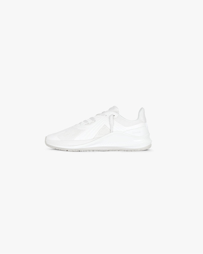 Product image of mens white trainers on a plain white background | 247 Arc-2 Trainer in Flat White | Trainers with engineered knitted upper | 247 Footwear | Represent Clo