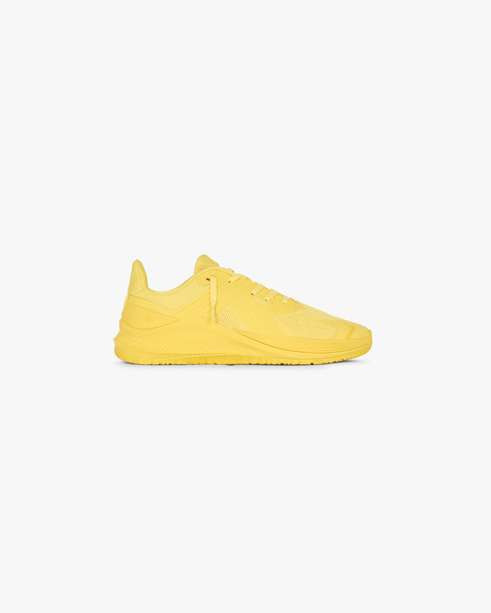 Front product image of a mens yellow trainer on a plain white background | 247 Arc-2 Trainer in Yellow | Sleek footwear design | 247 Footwear | Represent Clo