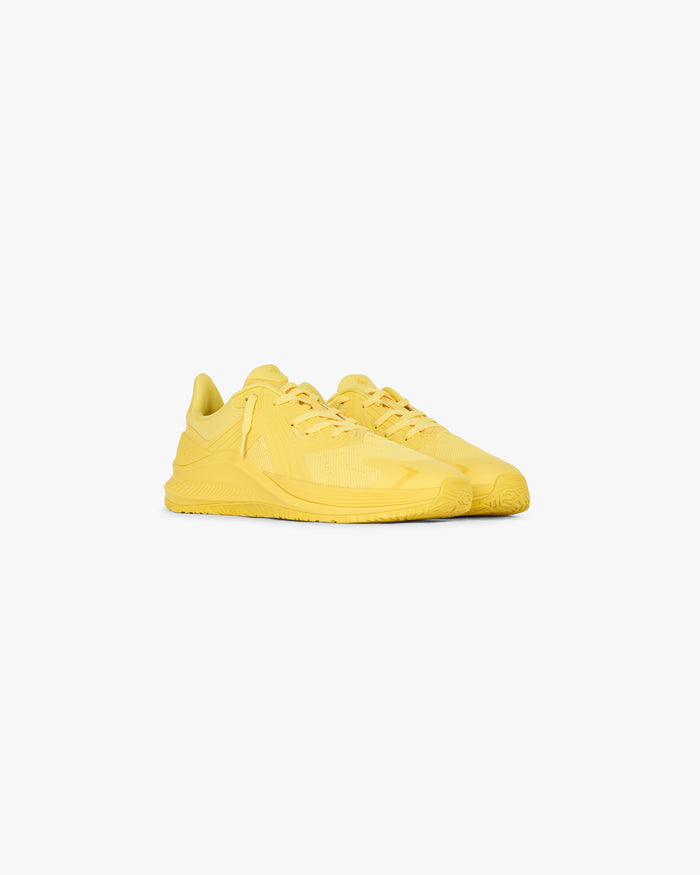 Product image of a mens yellow trainer on a plain white background | 247 Arc-2 Trainer in Yellow | Trainer with engineered knitted upper and TPU overlays | 247 Footwear | Represent Clo