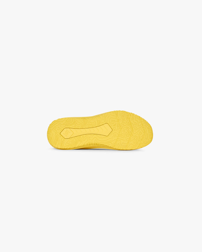 Back product image of a mens yellow trainer on a plain white background | 247 Arc 2 Trainer in Yellow | Lightweight knitted upper with TPU overlays | 247 Footwear | Represent Clo
