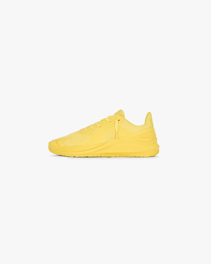 Yellow footwear on a plain white background | 247 Arc 2 Trainer in Yellow | Trainer with engineered knitted upper and EVA forefoot | 247 Footwear | Represent Clo