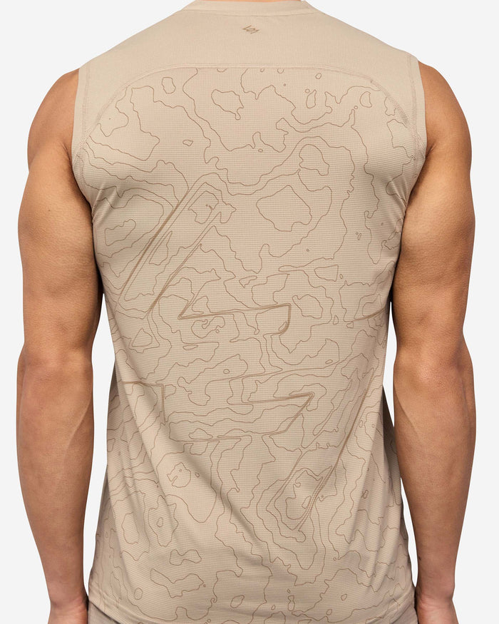 Man wearing a grey technical tank top on a plain white background | 247 Contour Run Tank in Pebble | Breathable quick-drying running tank | 247 T-Shirts | Represent Clo