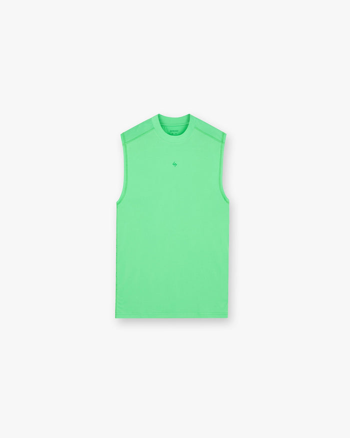 Back product image of a mens green running tank on a plain white background | 247 Contour Run Tank in Speed Green | Breathable mesh running tank with contour print | 247 T-Shirts | Represent Clo