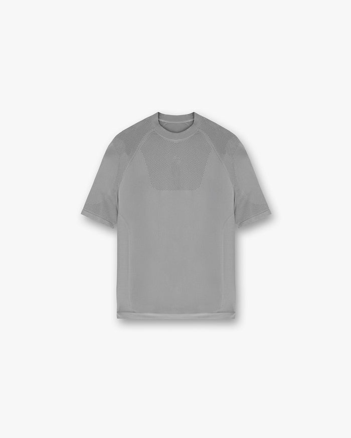 Front product image of a mens grey t-shirt on a plain white background | 247 DNA Seamless T-Shirt in Titanium | Seamless t-shirt with sculpting fit and scoop neck | 247 T-Shirts | Represent Clo