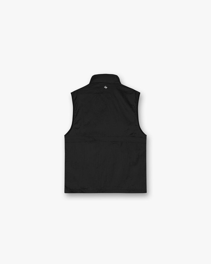 Back product image of a mens black gilet on a plain white background | 247 Run Gilet in Black | Windproof gilet with insulation and zip pockets | 247 Outerwear | Represent Clo