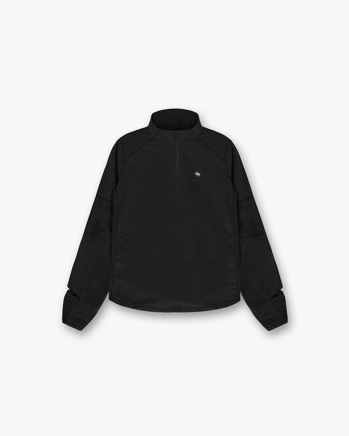 Front product image of mens black outerwear on a plain white background | 247 Run Quarter Zip in Jet Black | Quarter zip with relaxed fit | 247 Outerwear | Represent Clo