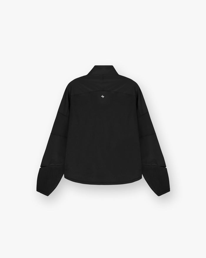 Back product image of a mens black quarter zip on a plain white background | 247 Run Quarter Zip in Jet Black | Performance outerwear with mesh panels and thumb holes | 247 Outerwear | Represent Clo