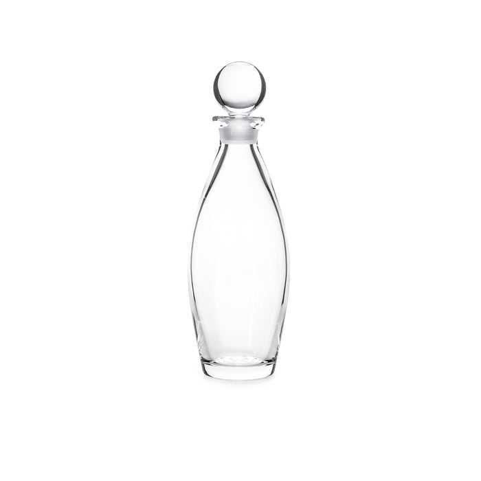 Clear glass decanter with spherical stopper and curved tapered body.