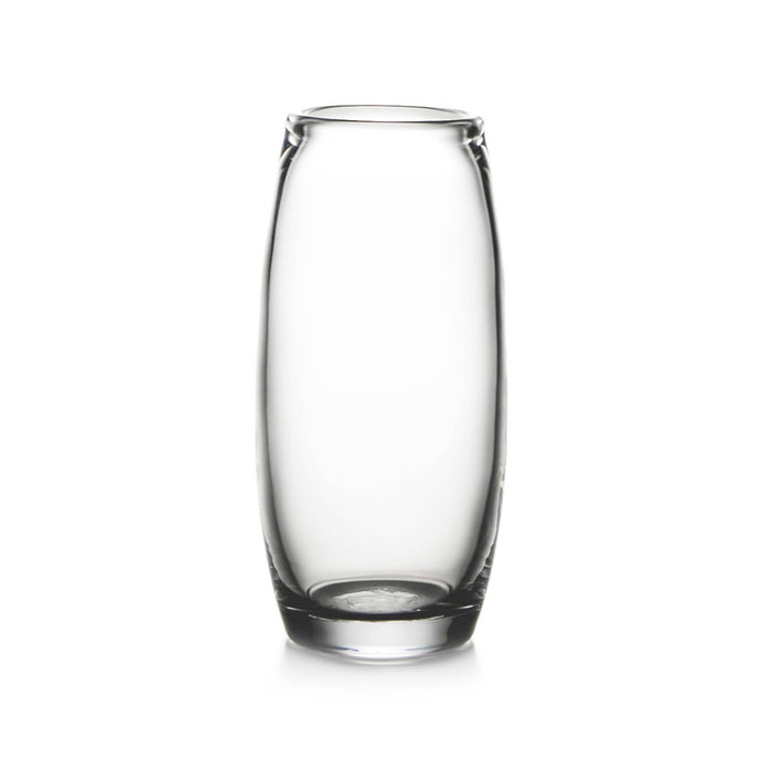 Clear glass vase with curved cylindrical body and small handles near the top rim.
