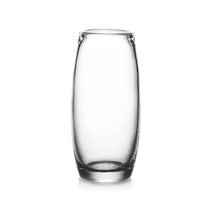 Clear glass cylindrical vase with curved sides and small handles near the rim.