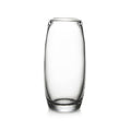 Clear glass cylindrical vase with curved sides and small handles near the rim.