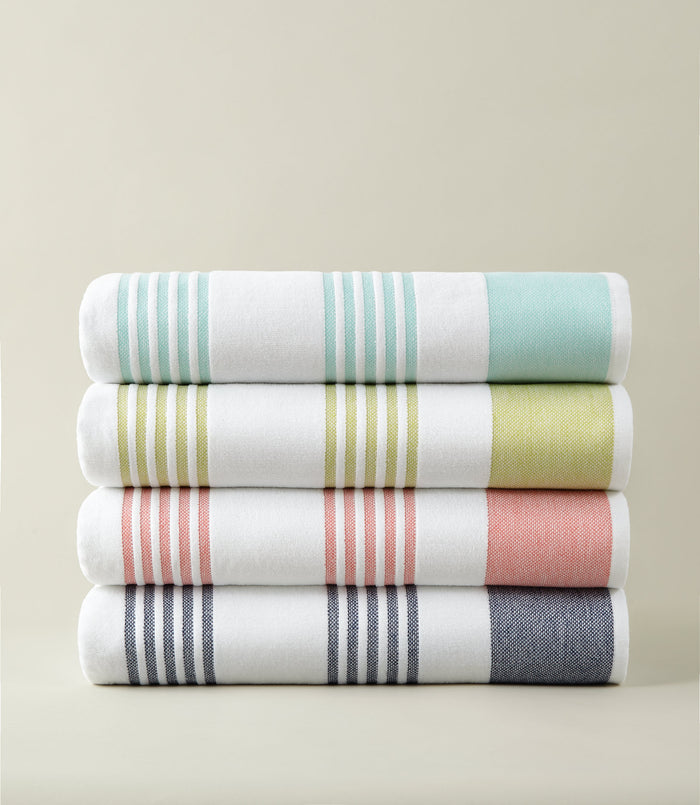 Aegean Stripe Beach Towel Multi Stack, Aqua Lime Coral Navy