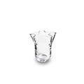 Clear glass bud vase with wavy, scalloped rim and textured cylindrical body.