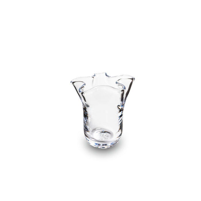 Clear glass bud vase with wavy, scalloped rim and textured cylindrical body.