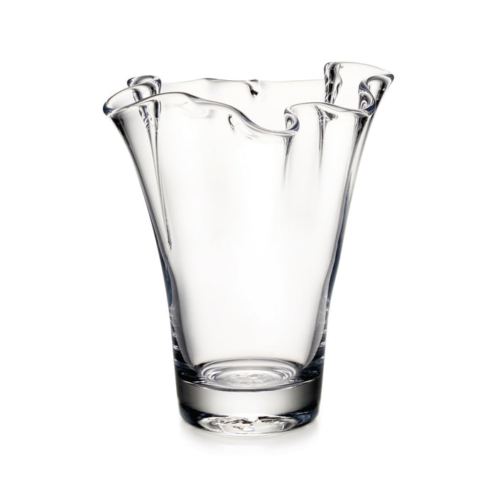 Clear glass vase with wavy rim and four curved handles extending from the top.