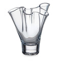 Clear glass vase with wavy, petal-like rim edges and a tapered cylindrical base.