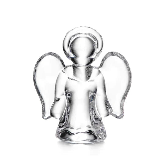 Clear glass angel figurine with halo and wings, small size.