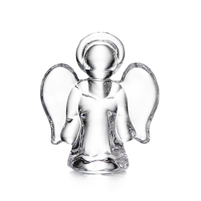 Clear glass angel figurine with halo and wings, small size.