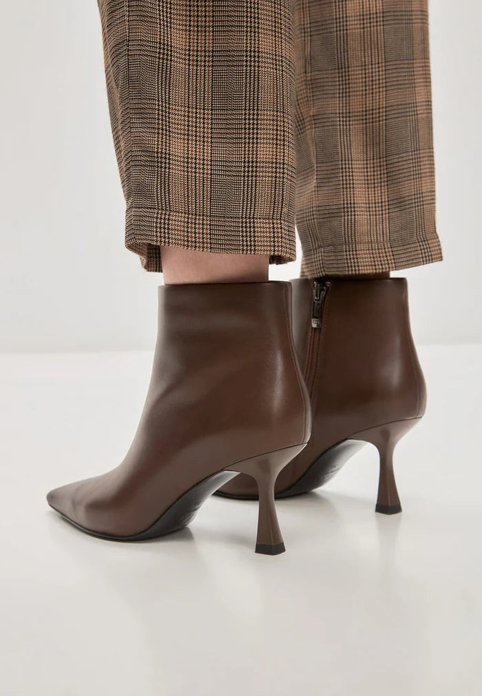 A pair of stylish brown Amy stiletto heel ankle boots for women.