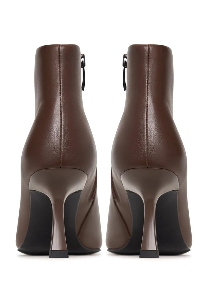 A pair of stylish women's Stiletto heel ankle boots in brown, known as the Amy ankle boots, perfect for a chic and sophisticated look.