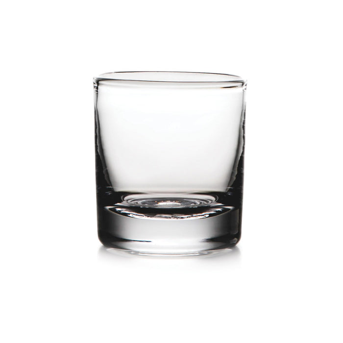 Clear glass double old-fashioned tumbler with thick base and weighted bottom.
