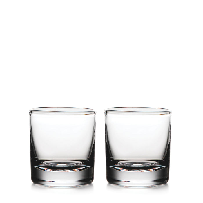 Two clear glass double old-fashioned glasses with thick bases, shown side by side.
