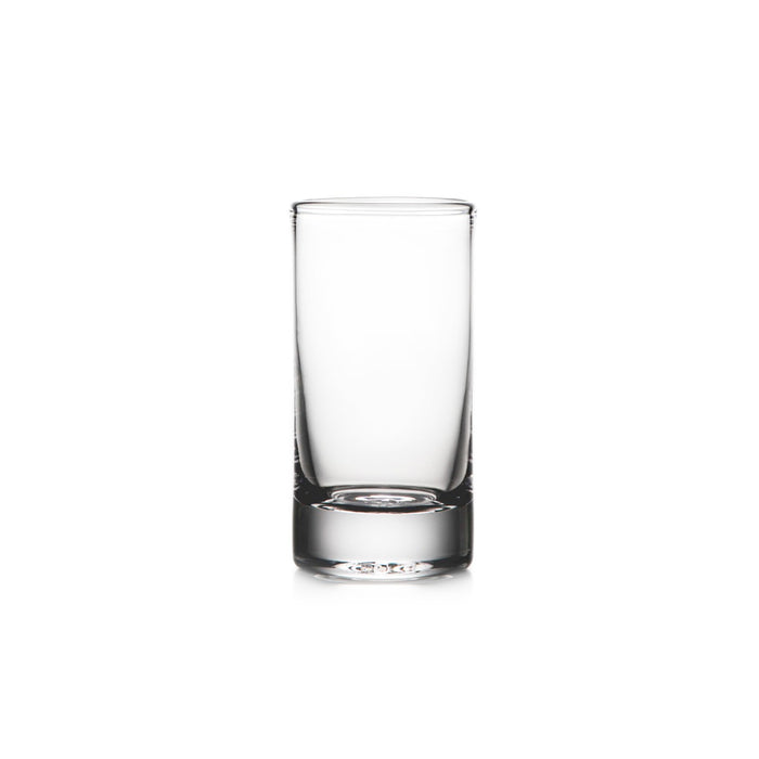 Clear glass highball with thick base and straight sides.