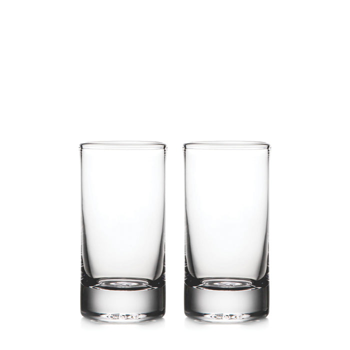 Two clear glass highball glasses with thick bases, shown side by side.