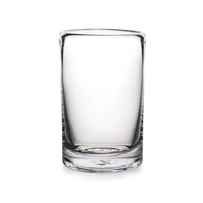 Clear glass tumbler with straight sides and rounded rim.