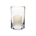 Clear glass hurricane vase with cream-colored pillar candle inside.