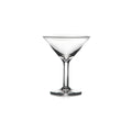 Empty martini glass with wide bowl, thin stem, and round base.