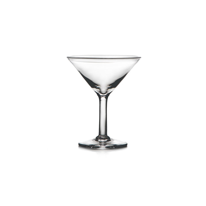 Empty martini glass with wide bowl, thin stem, and round base.