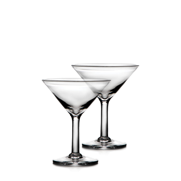 Two clear martini glasses with stem bases and silver-rimmed bowls, set against a white background.