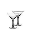 Two clear martini glasses with stem bases and silver-rimmed bowls, set against a white background.