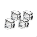 Four clear glass napkin rings with leaf-etched design arranged in two rows.
