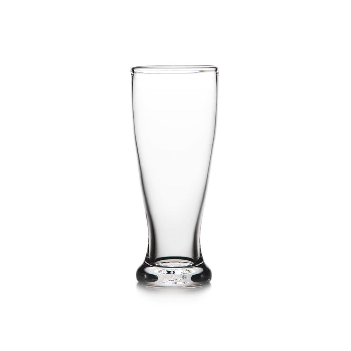 Clear tall pilsner glass with tapered sides and thick base.