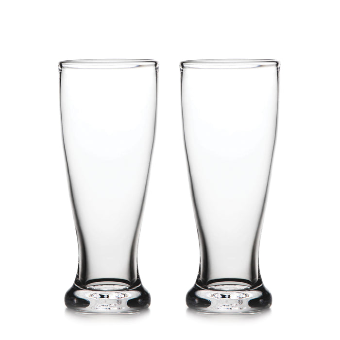Two clear pilsner glasses with slightly curved sides and thick bases.