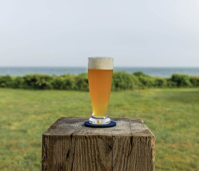 Glass of golden pilsner beer with foam head on wooden post overlooking water and green landscape.