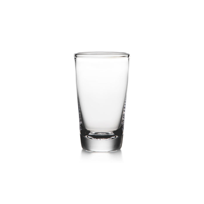 Clear glass pint glass with thick base and straight sides.