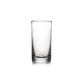 Clear glass tumbler with straight sides and thick base.