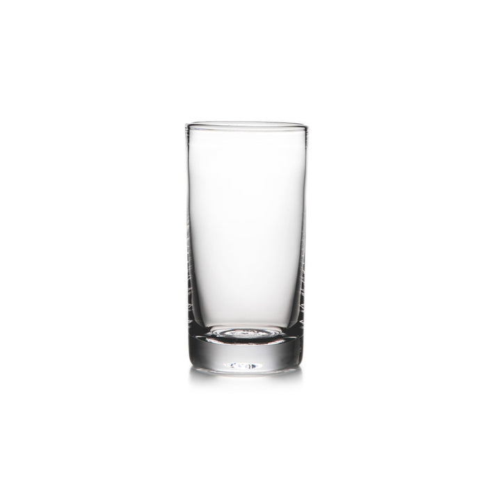 Clear glass tumbler with straight sides and thick base.
