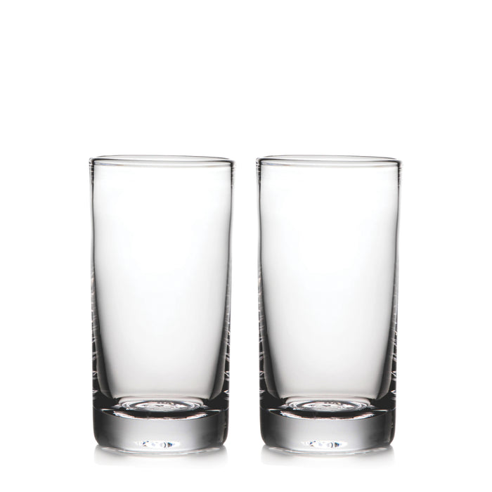 Two clear glass tumblers with thick bases, displayed side by side.