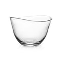 Clear glass bowl with asymmetrical curved rim and rounded base.