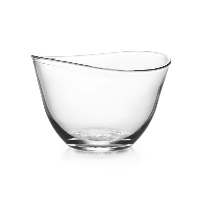Clear glass bowl with asymmetrical curved rim and rounded base.